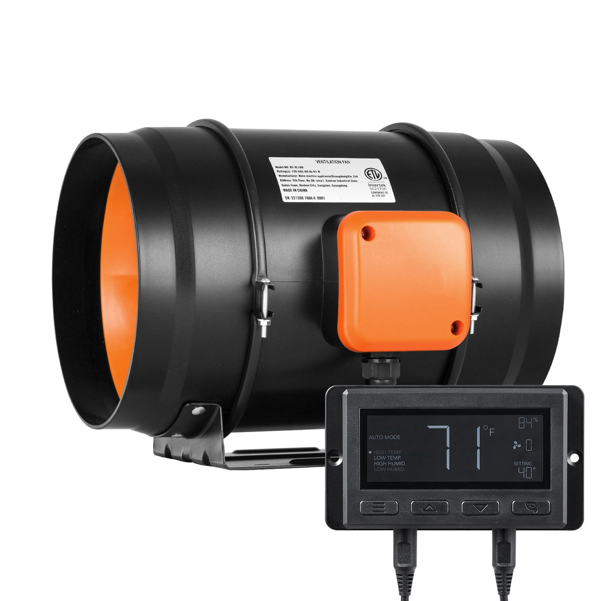 203 mm Inline Duct Ventilation Fan with Temperature and Humidity Controller