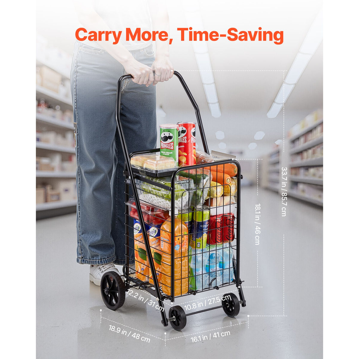 Foldable Grocery Shopping Trolley with Swivel Wheels - Black, 40.8 kg