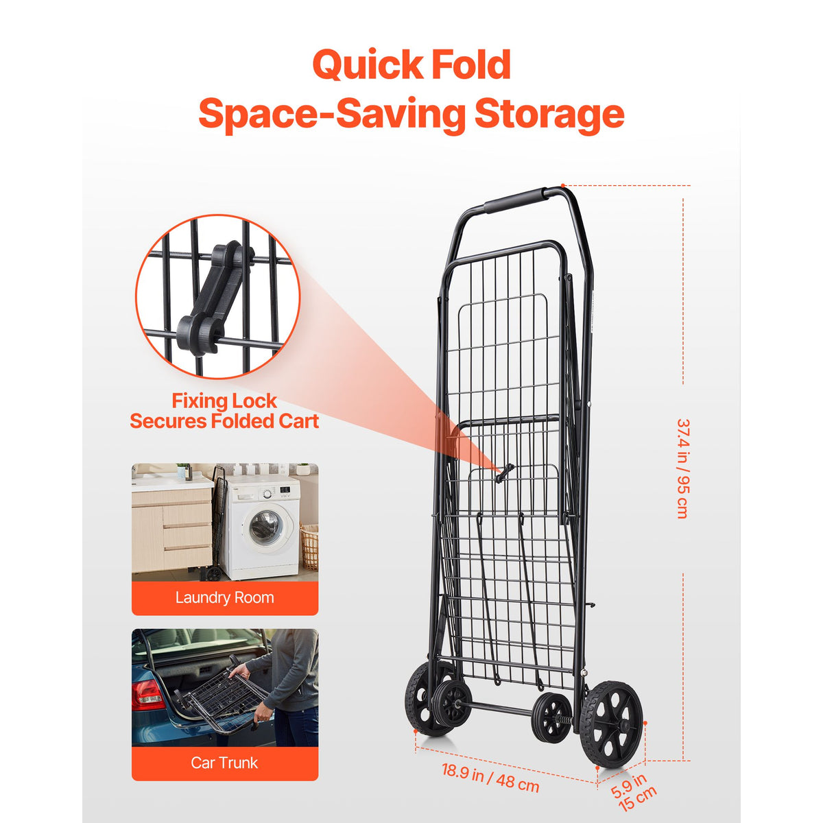 Foldable Grocery Shopping Trolley with Swivel Wheels - Black, 40.8 kg