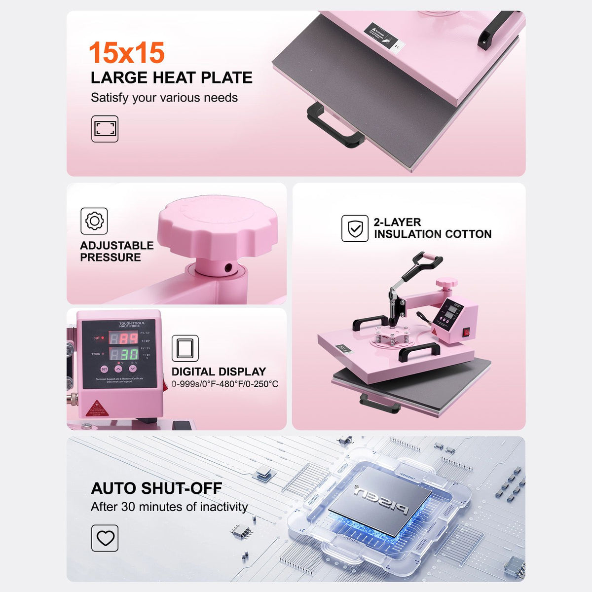 5-in-1 15 × 15-Inch Heat Press with 30 oz Tumbler Attachment – Pink