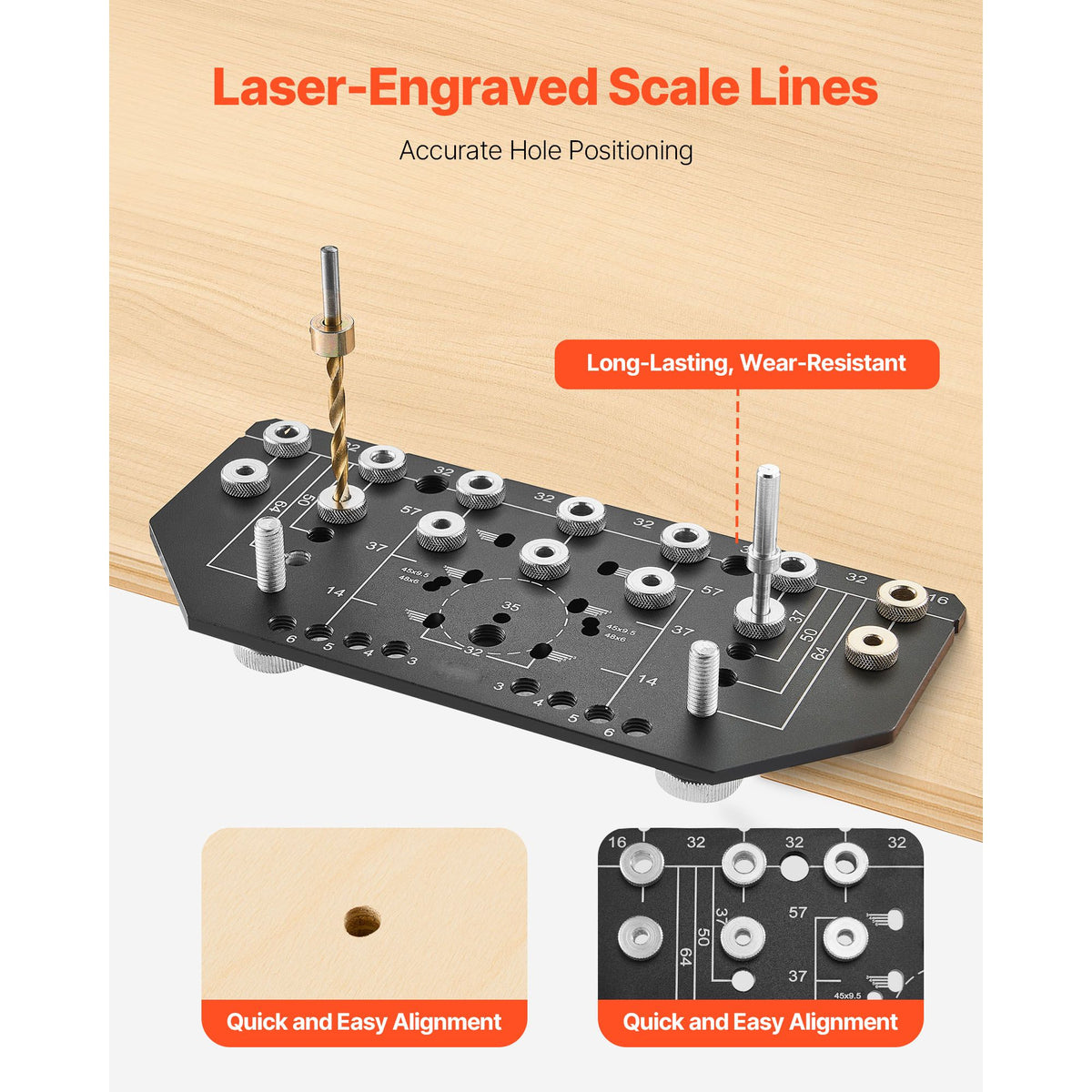 Shelf Pin Jig and Hinge Jig Two-in-One, Aluminum Alloy Cabinet Hardware Hole Drilling Template with 6.4 and 4.8 mm Drill Bits, for Cabinet Doors Bookshelves Wardrobes Woodworking and DIY — product image 6