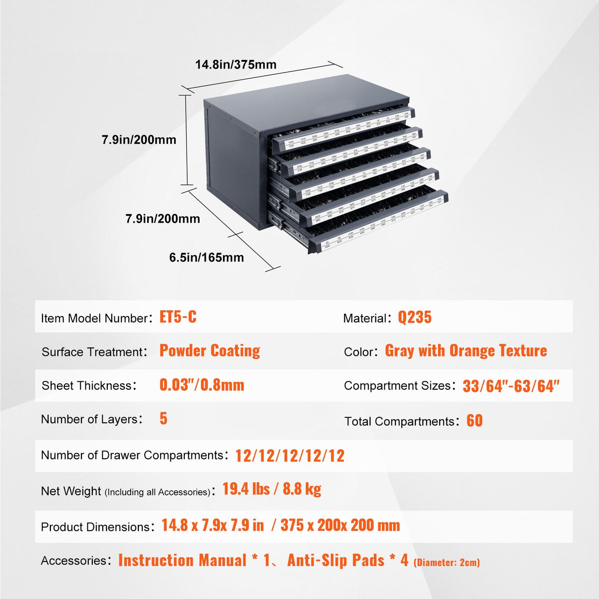 Drill Bit Dispenser Cabinet, Five-Drawer Drill Bit Organizer Cabinet for 33/64" to 63/64" Steel Drill Dispenser Organizer Cabinet with Labels, Stackable Drill Dispenser for Drill Bit Storage — product image 7
