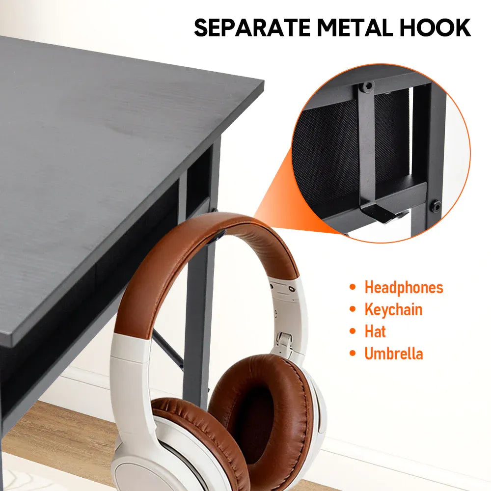 80cm Study Desk Home Office Computer Desk with 2 Fabric Drawers Side Pocket and Hook Modern Small Writing Table for Bedroom Dorm Small Spaces Black
