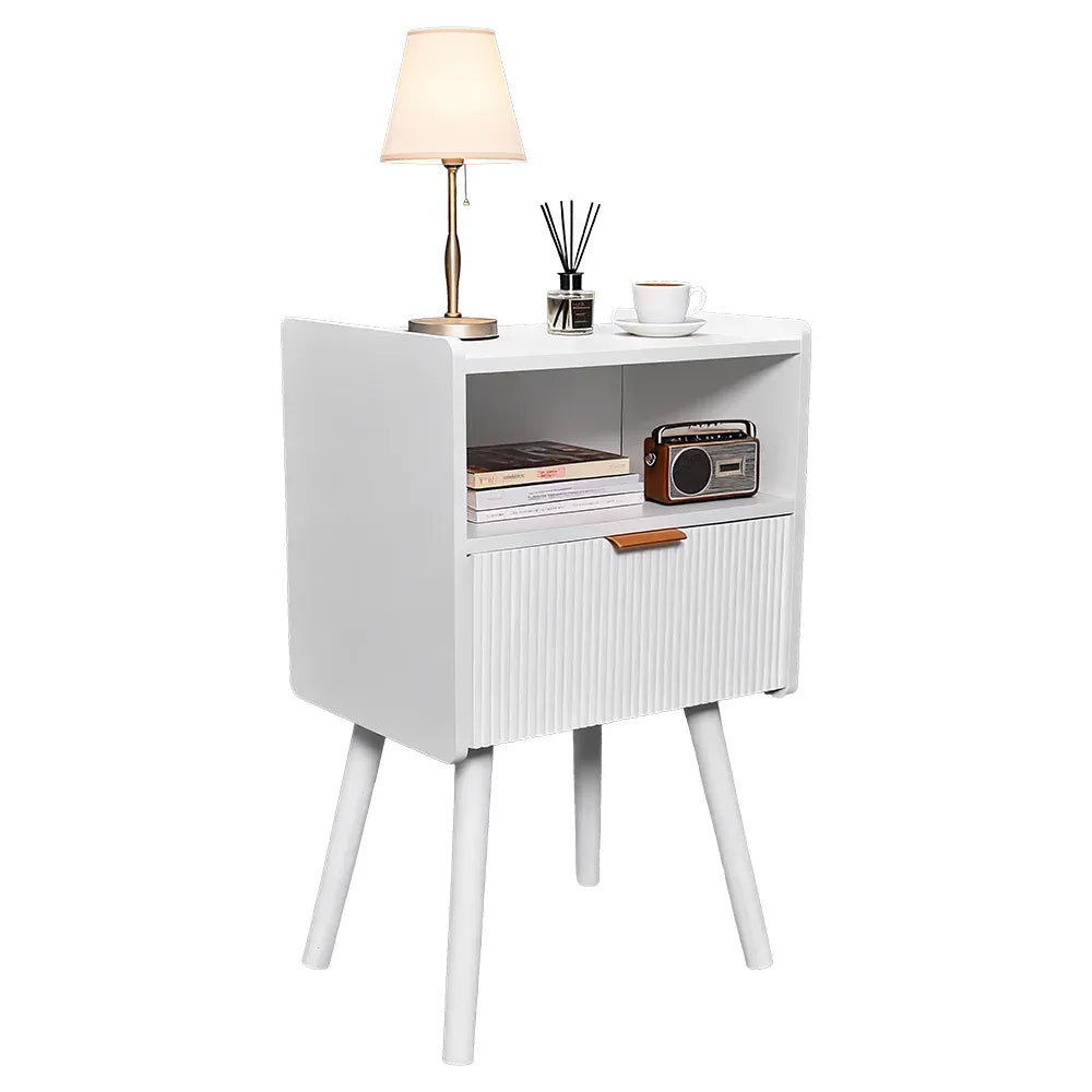 White MDF Bedside Table with Drawer & Open Shelf
