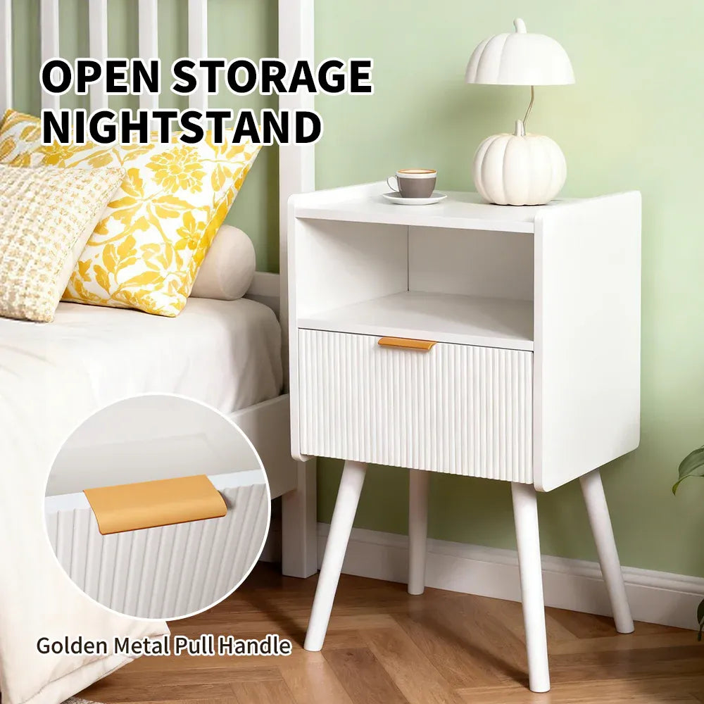 White MDF Bedside Table with Drawer & Open Shelf