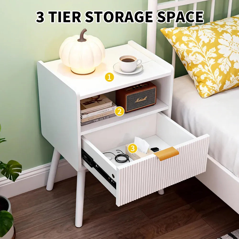 White MDF Bedside Table with Drawer & Open Shelf