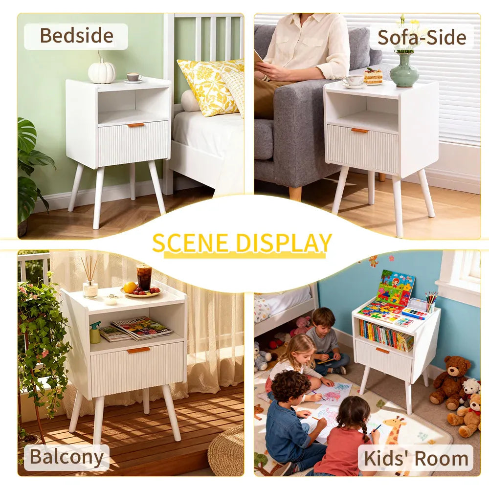 White MDF Bedside Table with Drawer & Open Shelf