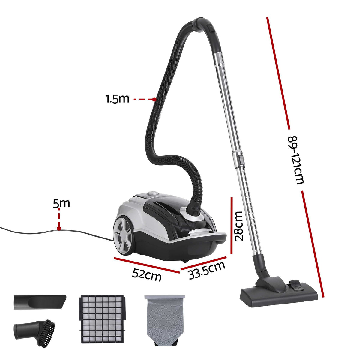 Devanti Bagged Canister Vacuum Cleaner – Black, 2000W