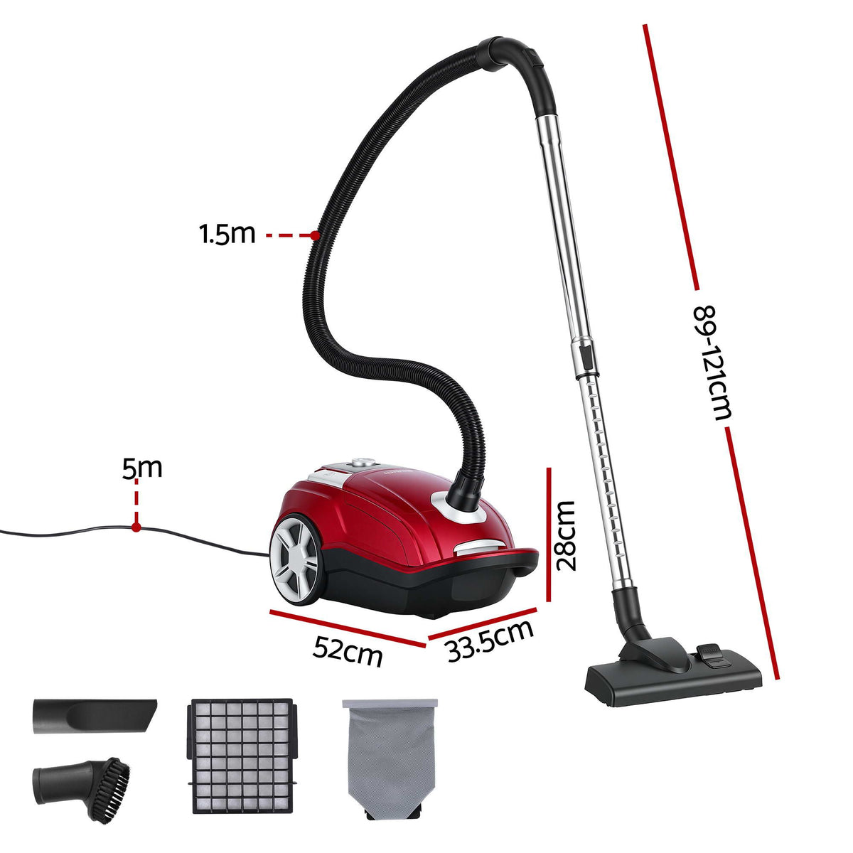 Devanti Bagged Canister Vacuum Cleaner – Red, 2000W