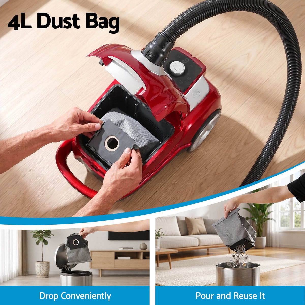 Devanti Bagged Canister Vacuum Cleaner – Red, 2000W