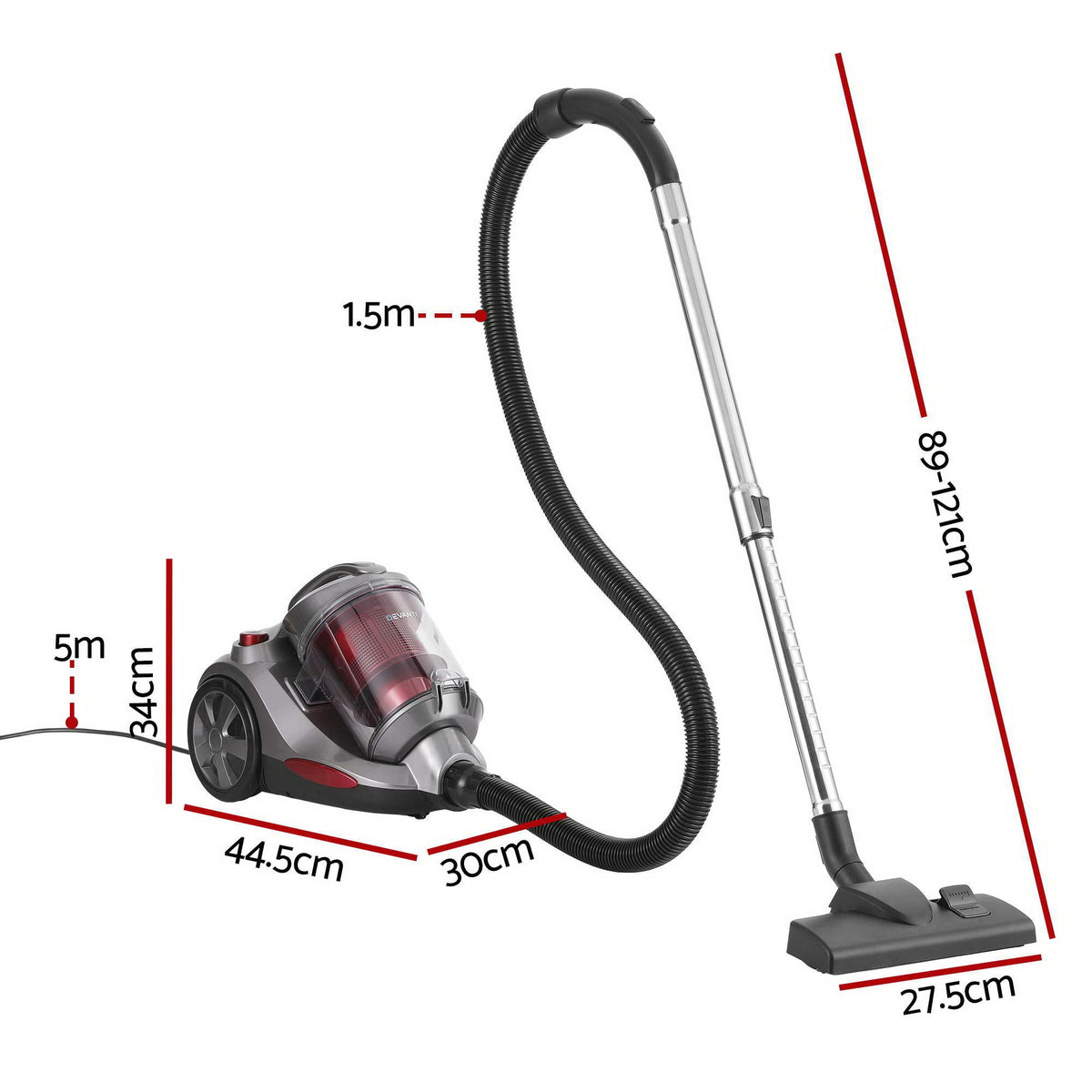 Devanti 4L 2000W Bagless Canister Vacuum Cleaner – Red