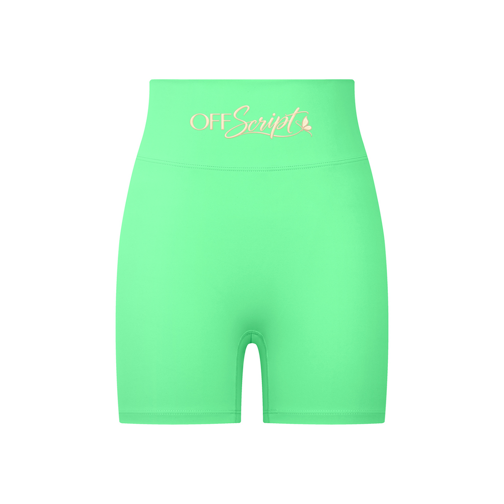 Off Script High-Waisted Blend Biker Shorts - Green front 3D mockup