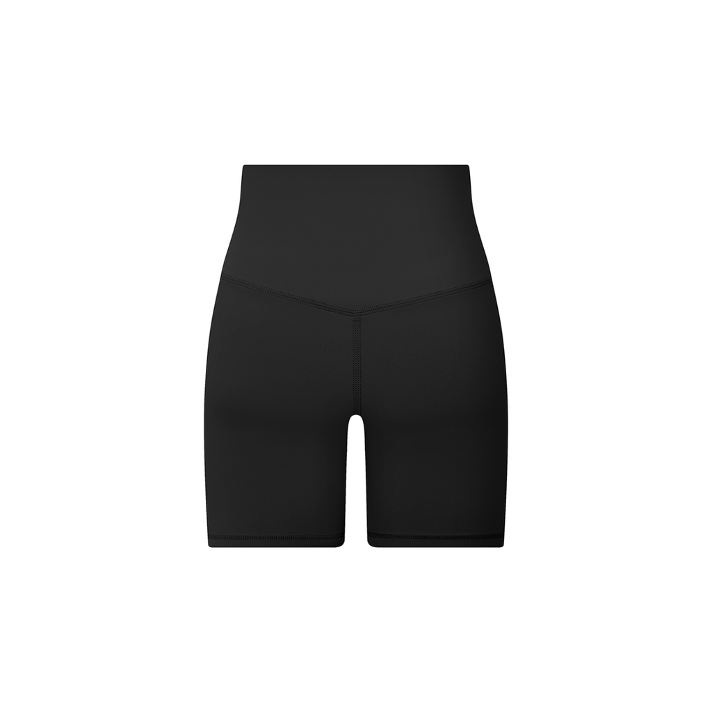 Off Script Women's High-Waisted Biker Shorts - Black back 3D mockup