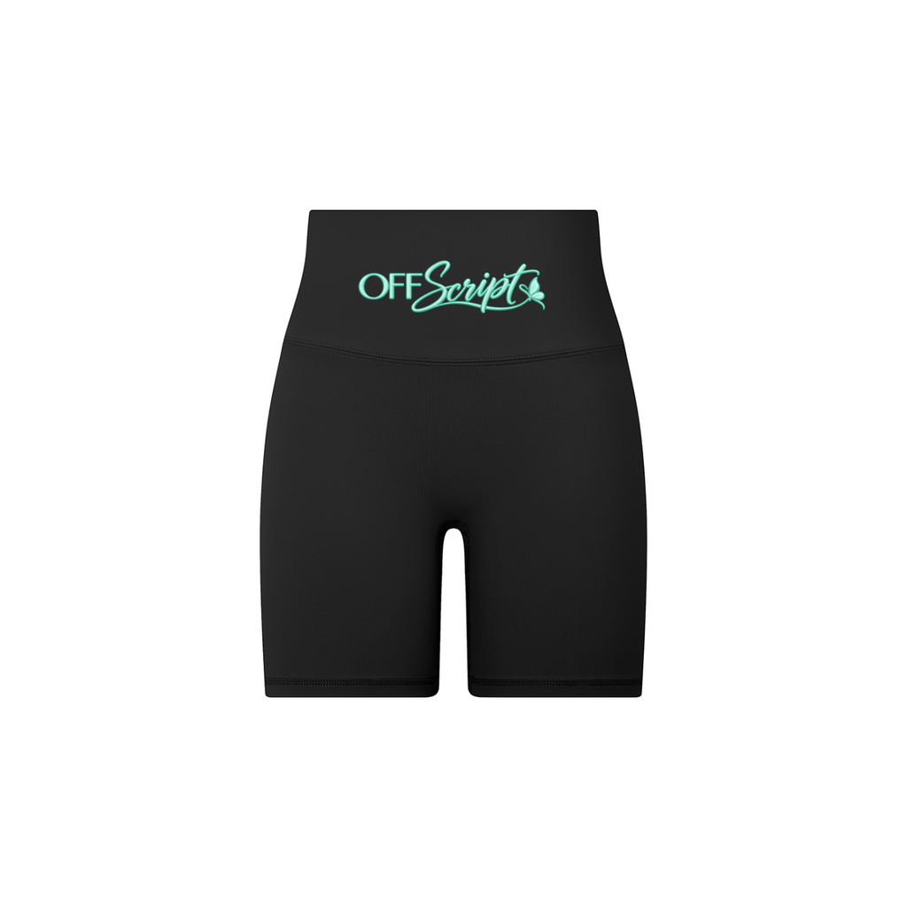 Off Script Women's High-Waisted Biker Shorts - Black front 3D mockup