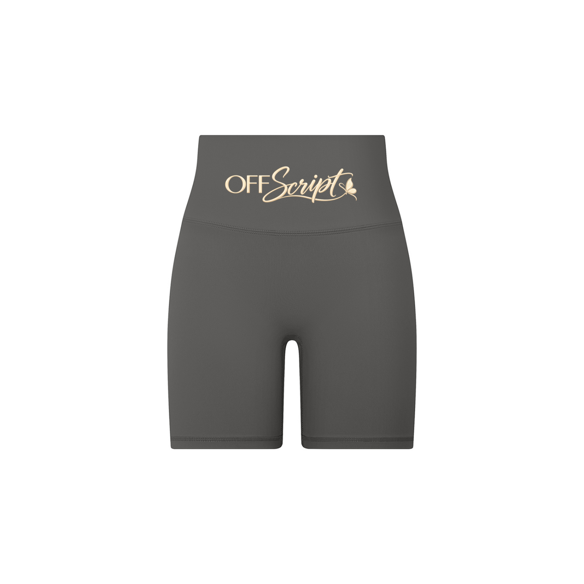 Off Script Women's High-Waisted Biker Shorts - Dark Gray front 3D mockup