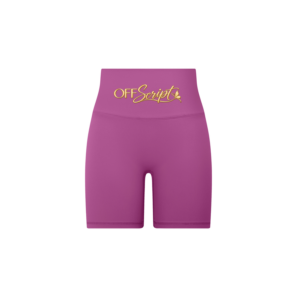 Off Script Women's High-Waisted Biker Shorts - Purple front 3D mockup