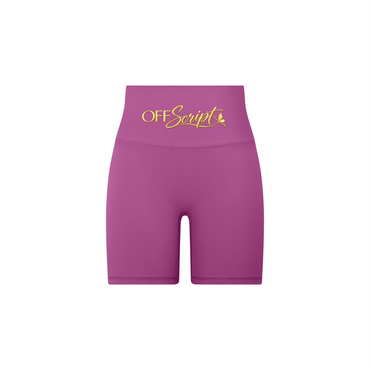 Off Script Women's High-Waisted Biker Shorts - Purple front 3D mockup