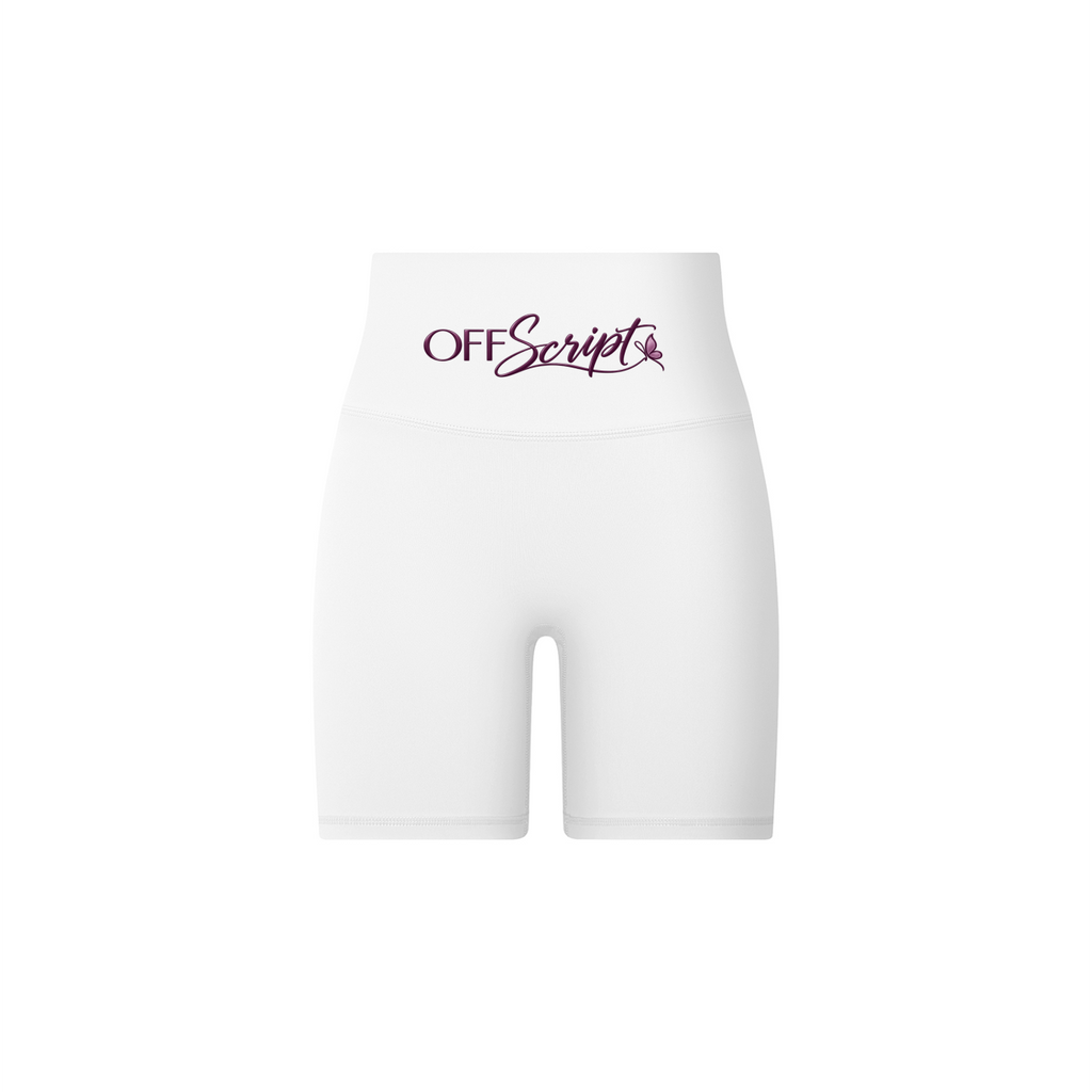 Off Script Women's High-Waisted Biker Shorts - White front 3D mockup