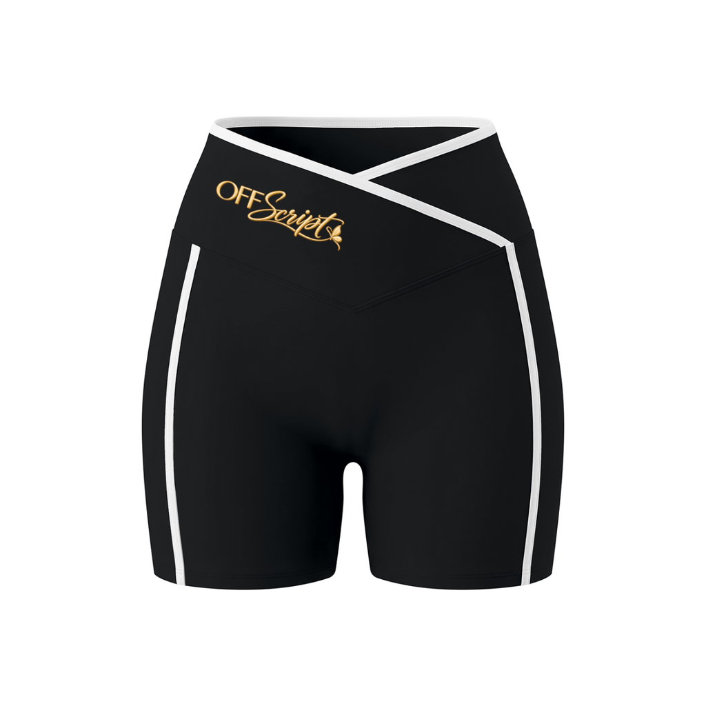 Off Script Women's High Rise Color Block Yoga Shorts - Black front 3D