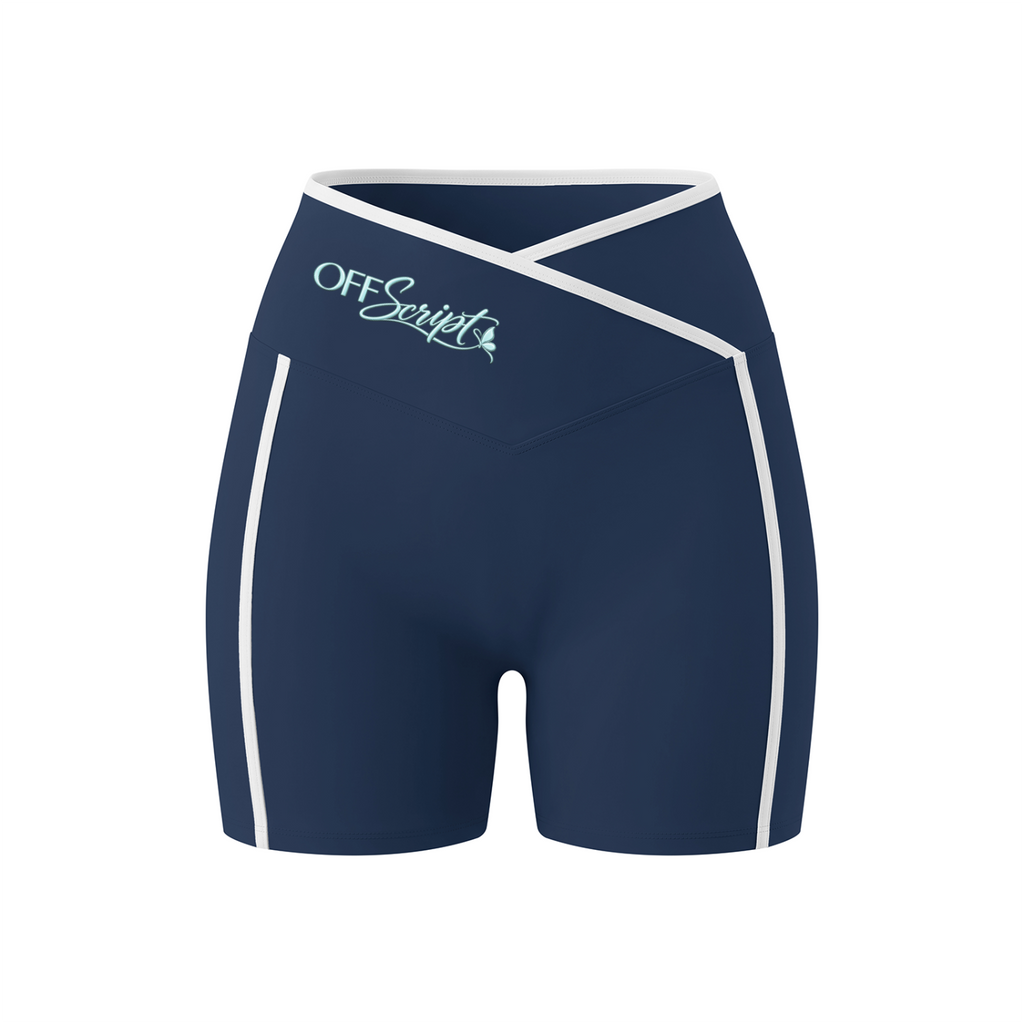 Off Script Women's High Rise Color Block Yoga Shorts - Navy Blue front 3D