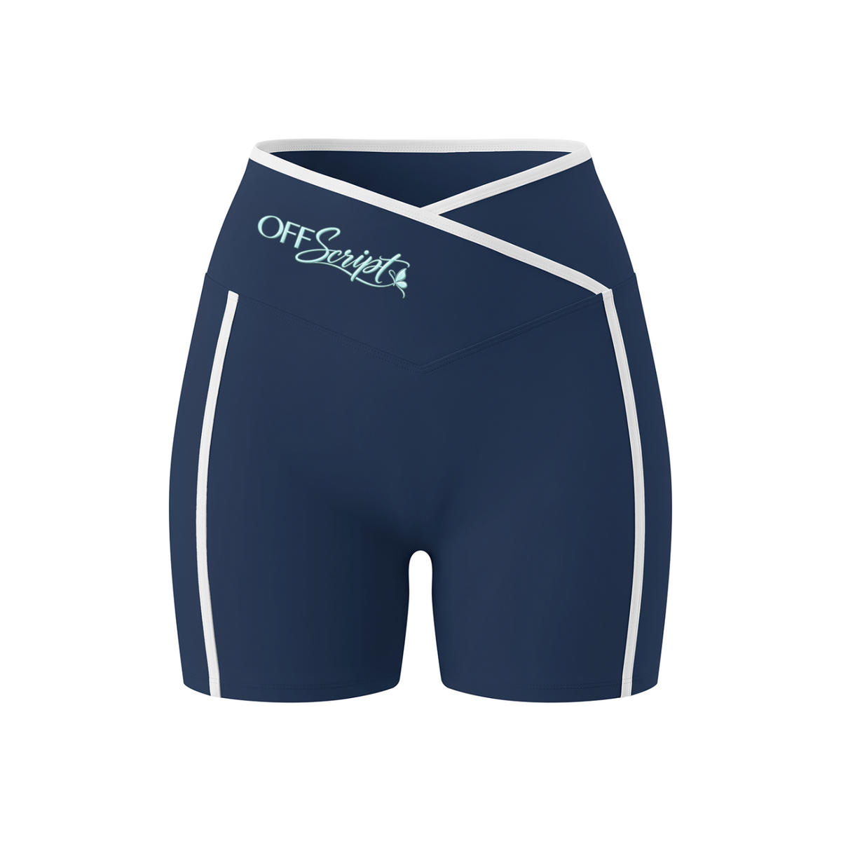 Off Script Women's High Rise Color Block Yoga Shorts - Navy Blue front 3D