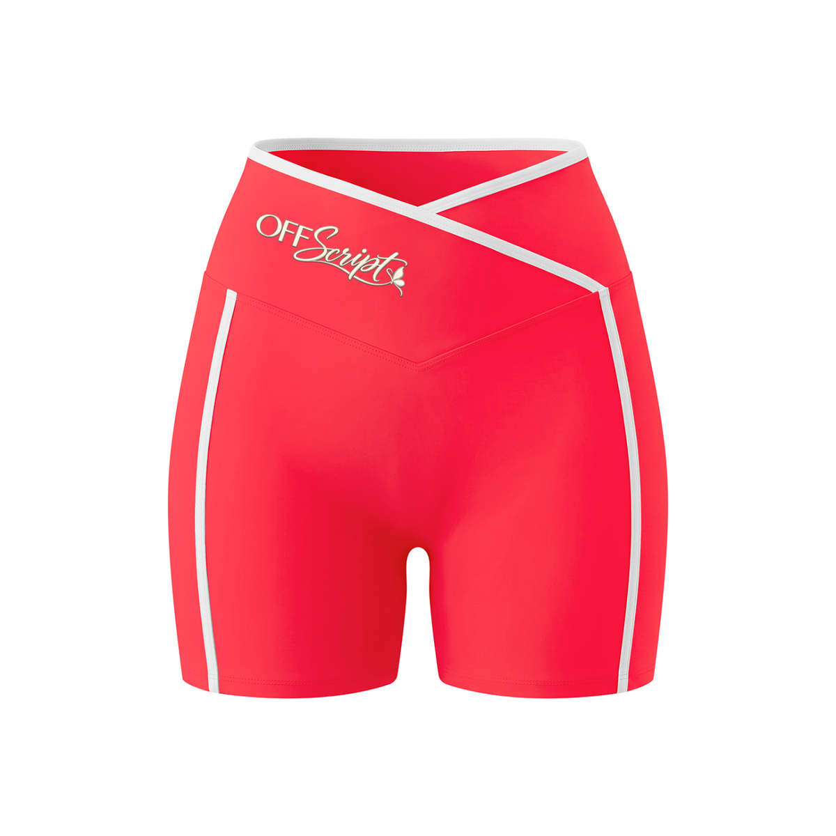 Off Script Women's High Rise Color Block Yoga Shorts - Red front 3D