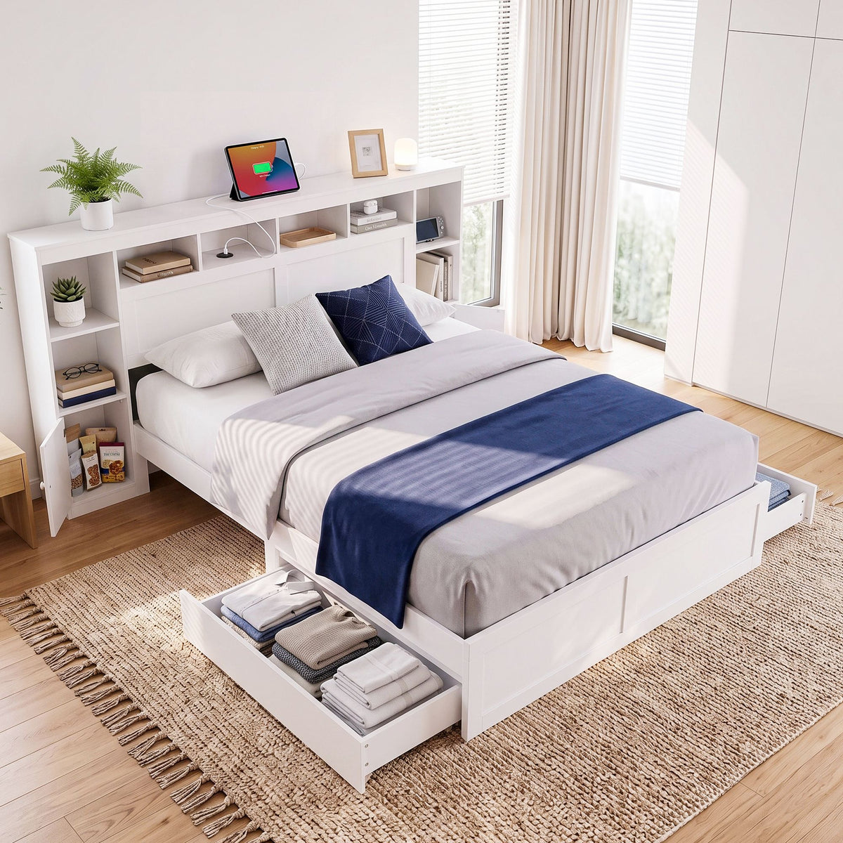 Artiss Queen Storage Bed with Bookcase, USB & Type-C Headboard – White
