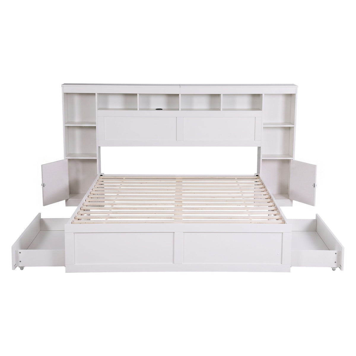 Artiss Queen Storage Bed with Bookcase, USB & Type-C Headboard – White