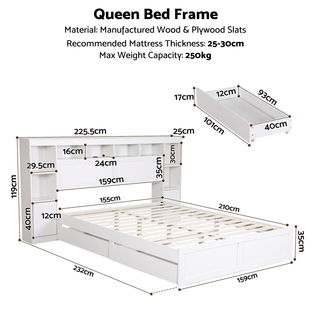 Artiss Queen Storage Bed with Bookcase, USB & Type-C Headboard – White