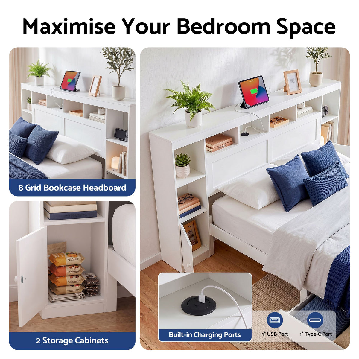 Artiss Queen Storage Bed with Bookcase, USB & Type-C Headboard – White