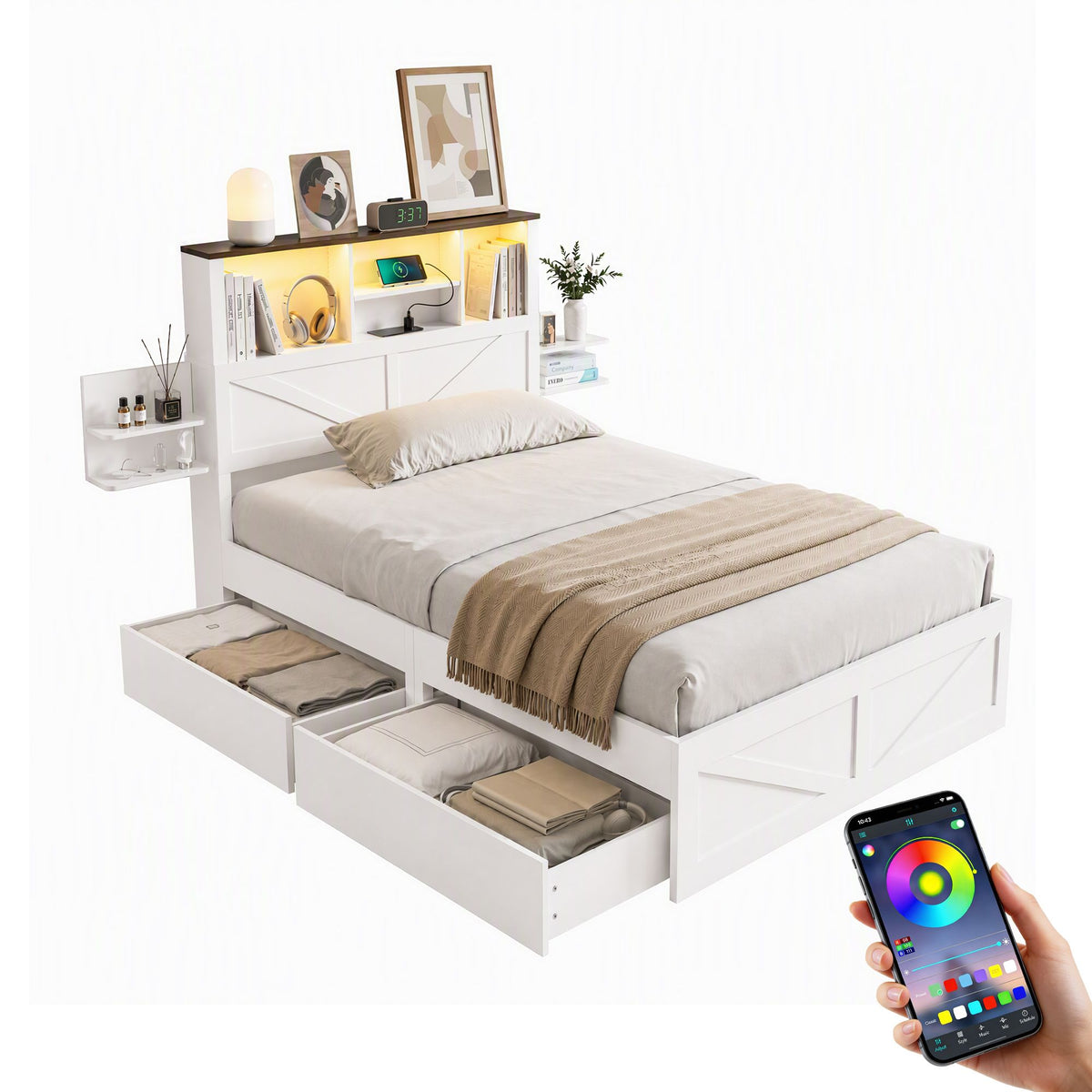 Artiss Single Storage Bed with Bookcase Headboard, Charging & LED – White