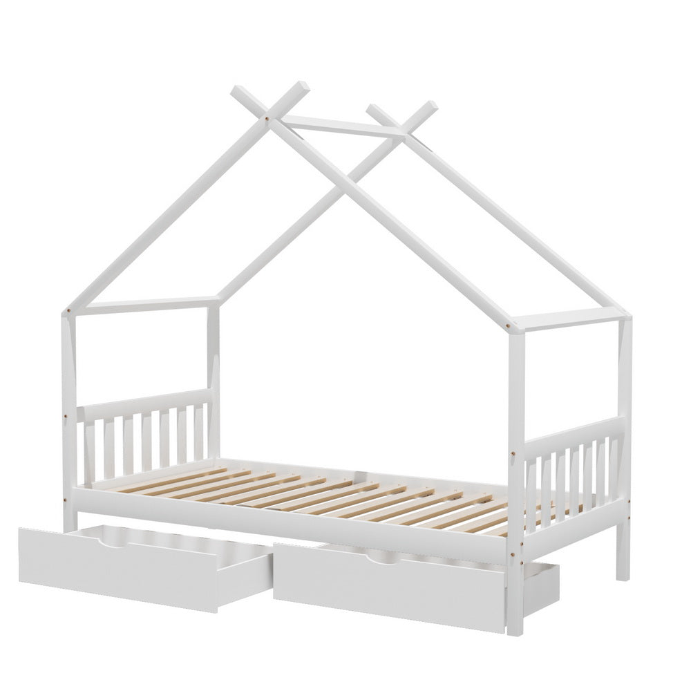 Artiss Kids Single Wooden House Bed Frame with 2 Storage Drawers – White