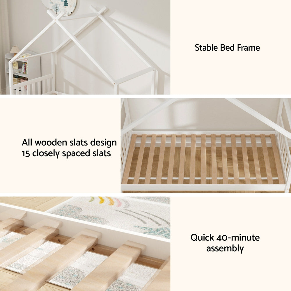 Artiss Kids Single Wooden House Bed Frame with 2 Storage Drawers – White
