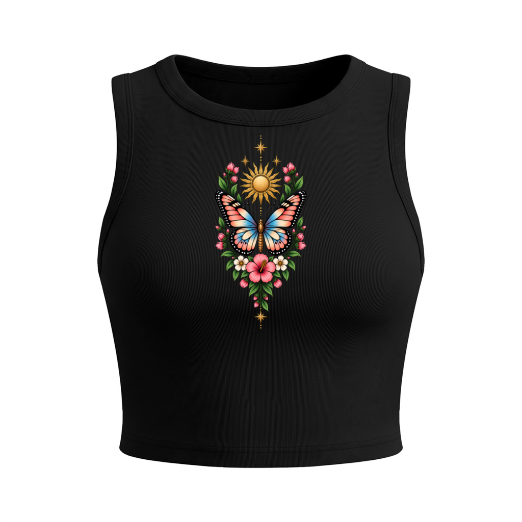 Celestial Butterfly Women’s Crewneck Crop Tank Top V2 - Black front mockup