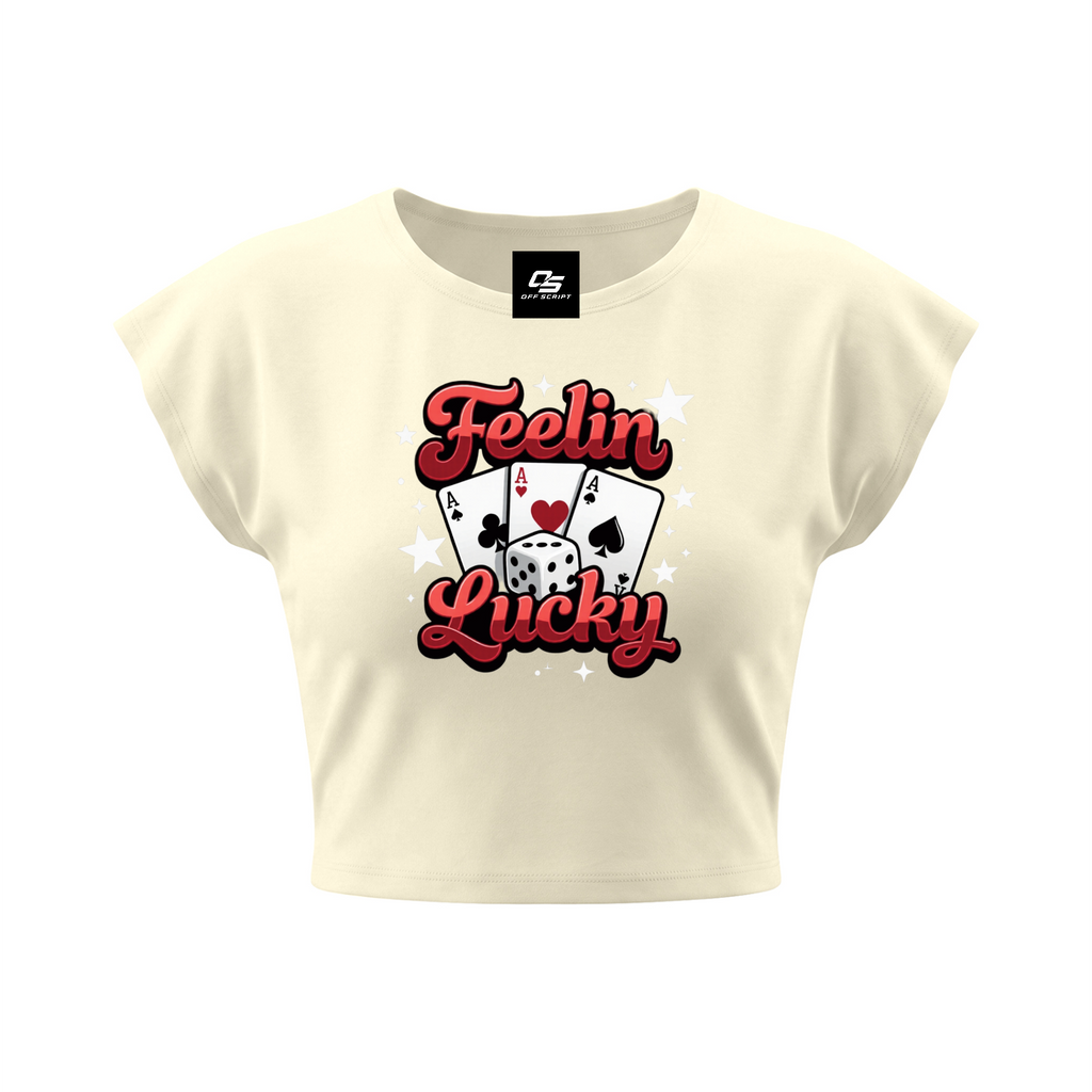 Feelin Lucky Women's Slim Crop Graphic T-Shirt V2 - Light Yellow front 3D mockup