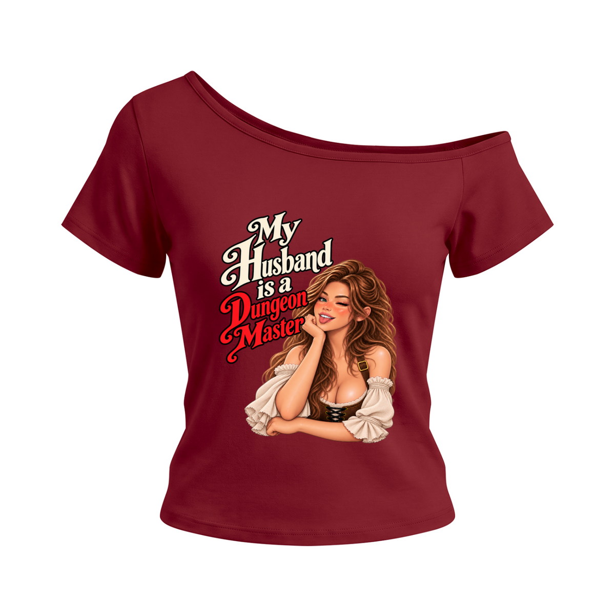 My Husband Is a Dungeon Master Women's Off-the-Shoulder T-Shirt - Wine Red front mockup