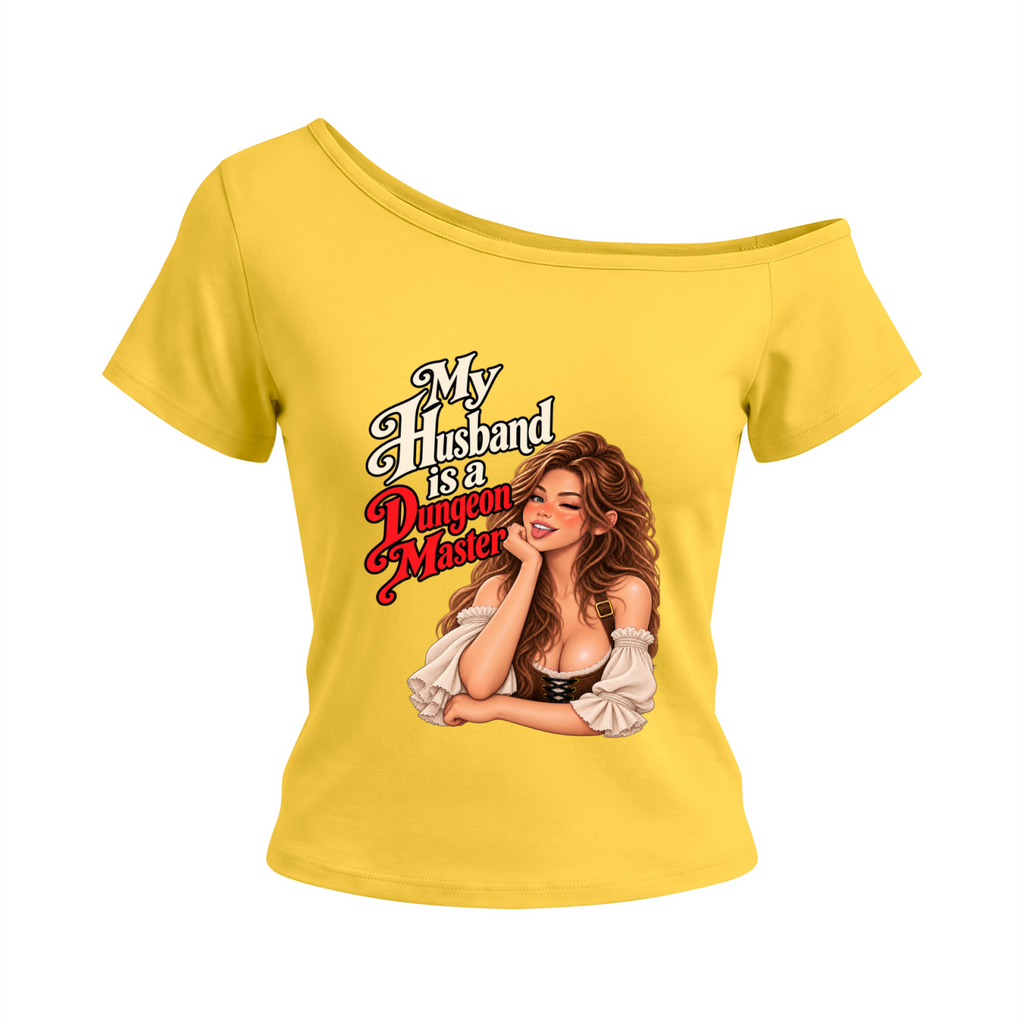 My Husband Is a Dungeon Master Women's Off-the-Shoulder T-Shirt - Yellow front mockup