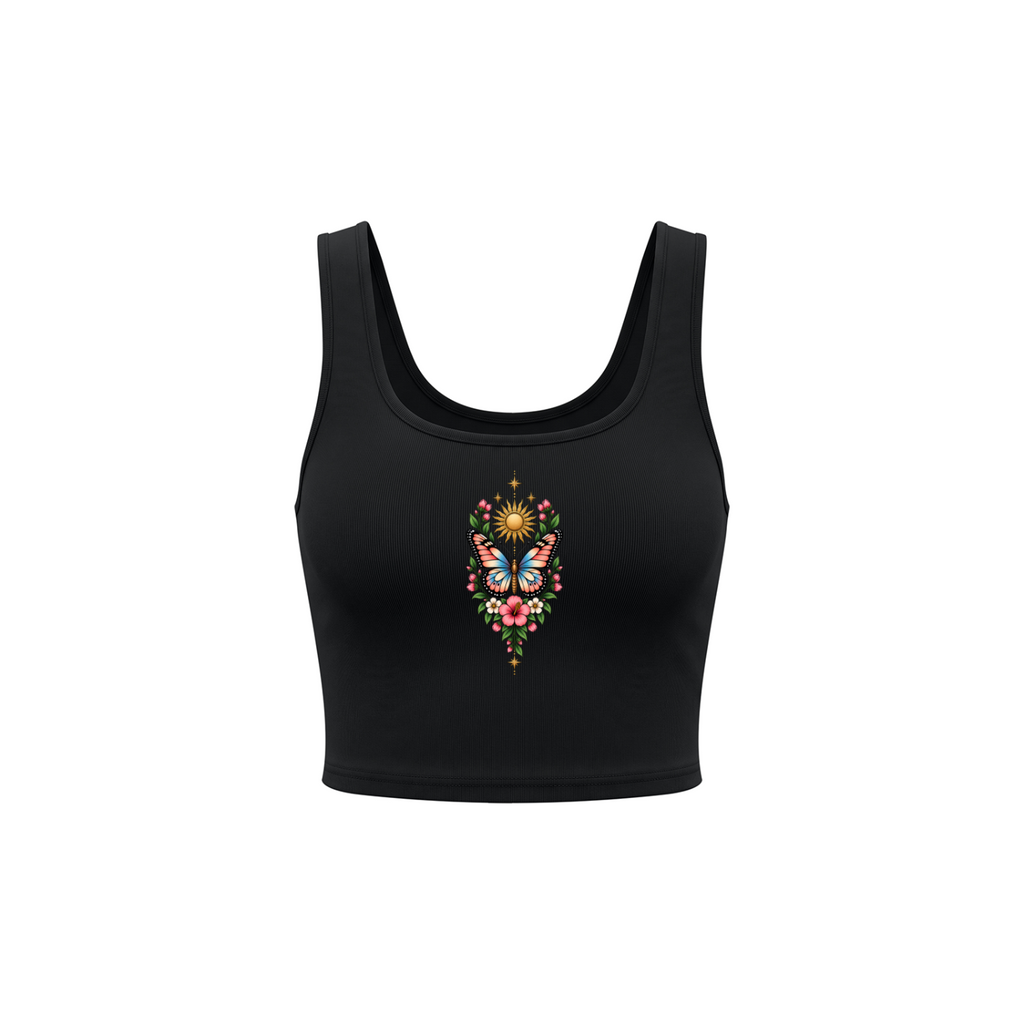 Celestial Butterfly Women’s Cropped Tank Top V2 - Black front mockup