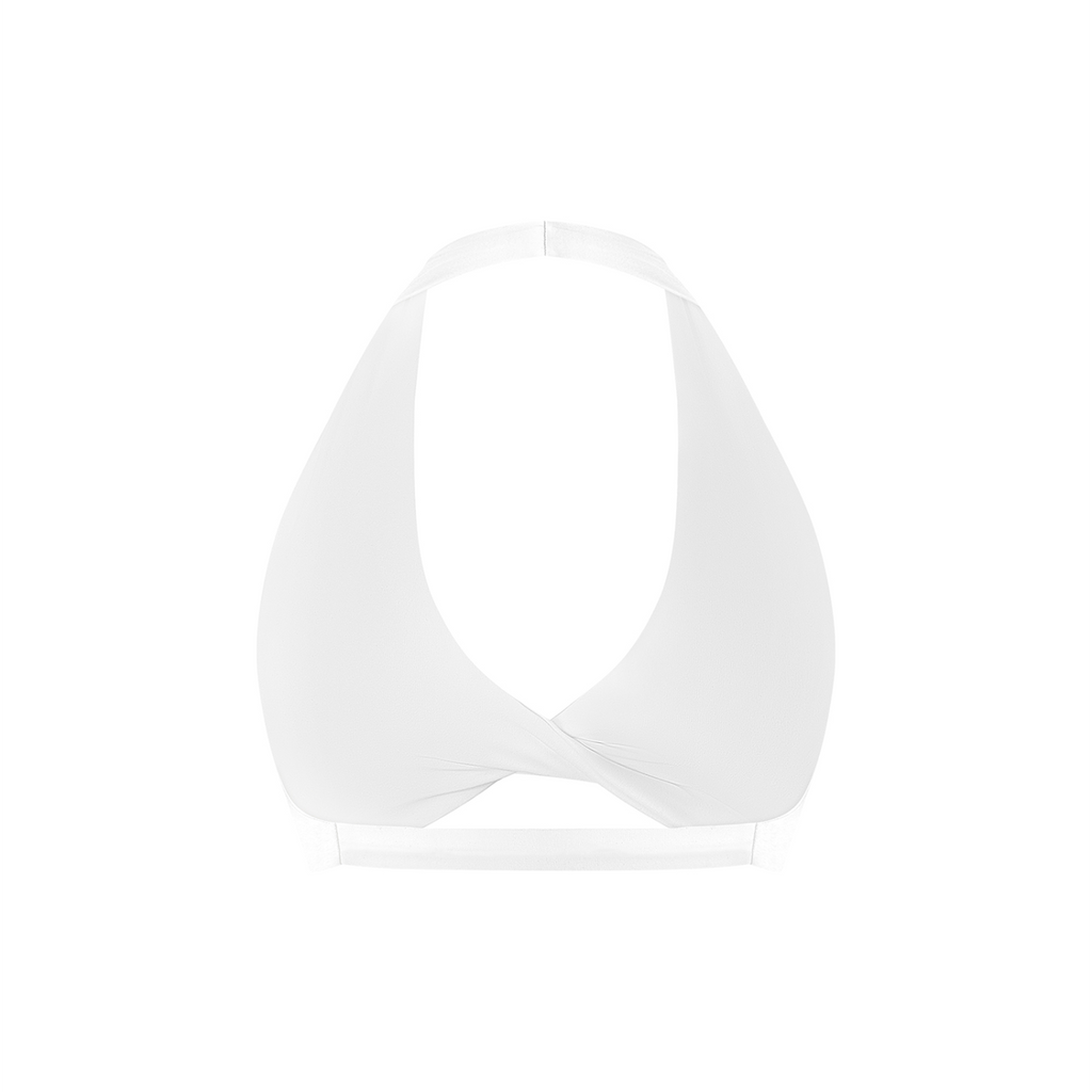 Off Script Women's Twist Front Halter Sports Bra - White back 3D mockup