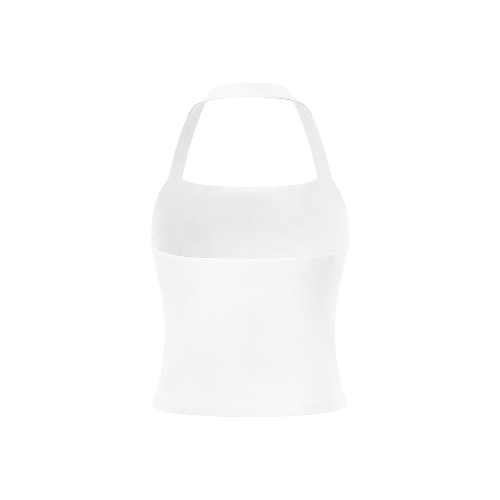 Off Script Women’s Halter Crop Sports Bra - White back 3D mockup