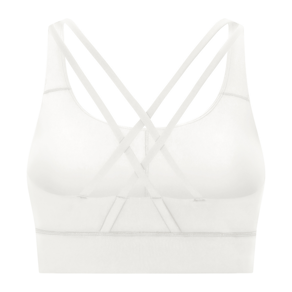 Off Script Women’s Strappy Criss-Cross Sports Bra - White back 3D mockup