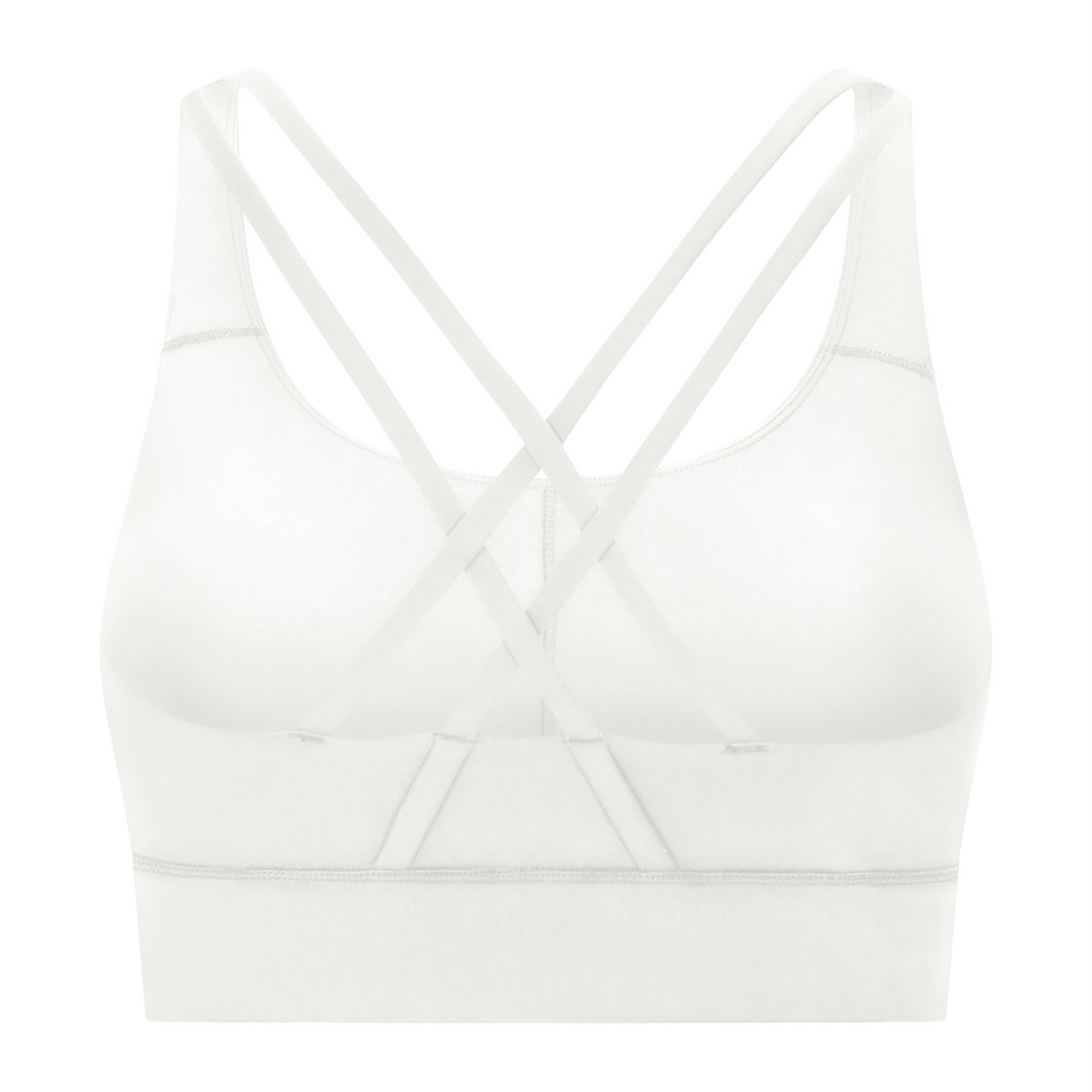 Off Script Women’s Strappy Criss-Cross Sports Bra - White back 3D mockup