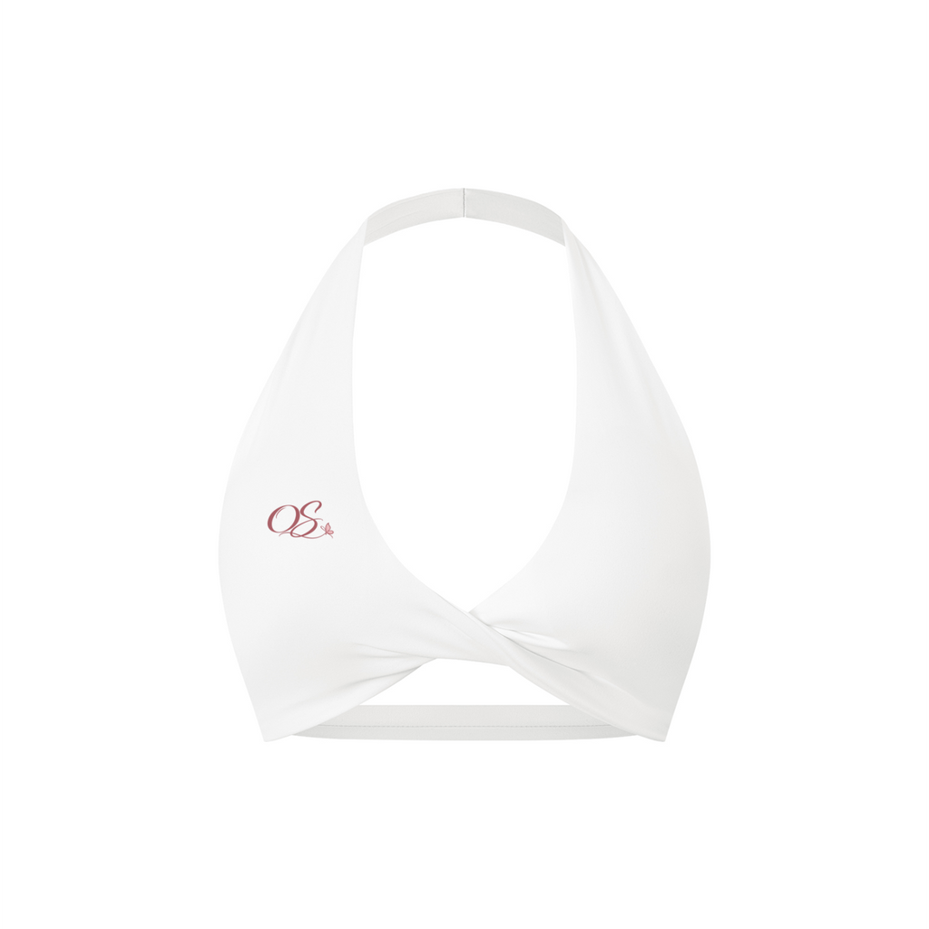 Off Script Women's Twist Front Halter Sports Bra - White front 3D mockup