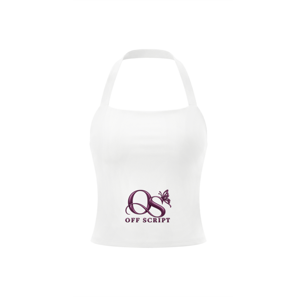 Off Script Women’s Halter Crop Sports Bra - White front 3D mockup