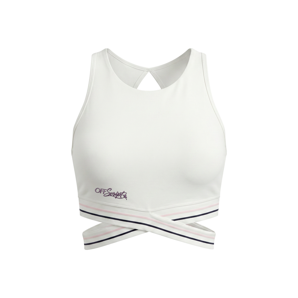 Off Script Women’s Criss-Cross Band Sports Bra - White - front mockup