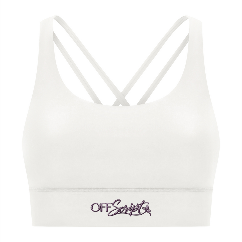 Off Script Women’s Strappy Criss-Cross Sports Bra - White front 3D mockup