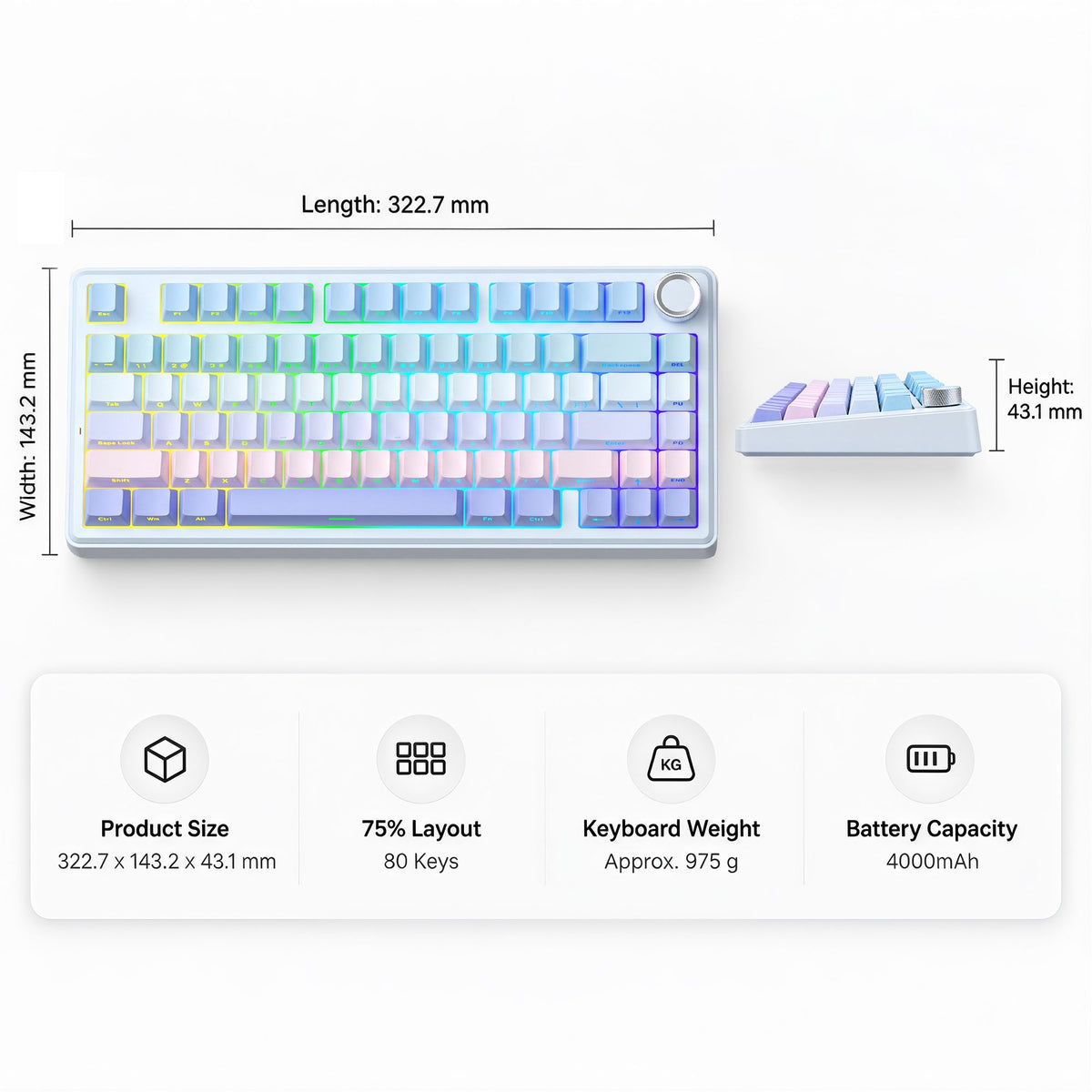 SOLAKAKA A75 75% Gasket Mechanical Keyboard Tri-Mode Hot-Swap Knob – Blue