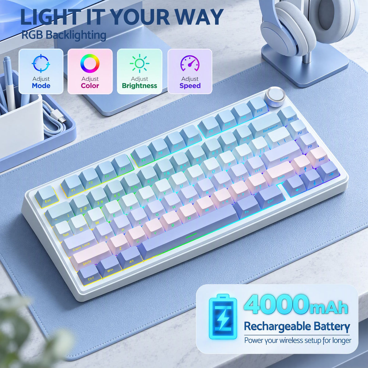 SOLAKAKA A75 75% Gasket Mechanical Keyboard Tri-Mode Hot-Swap Knob – Blue