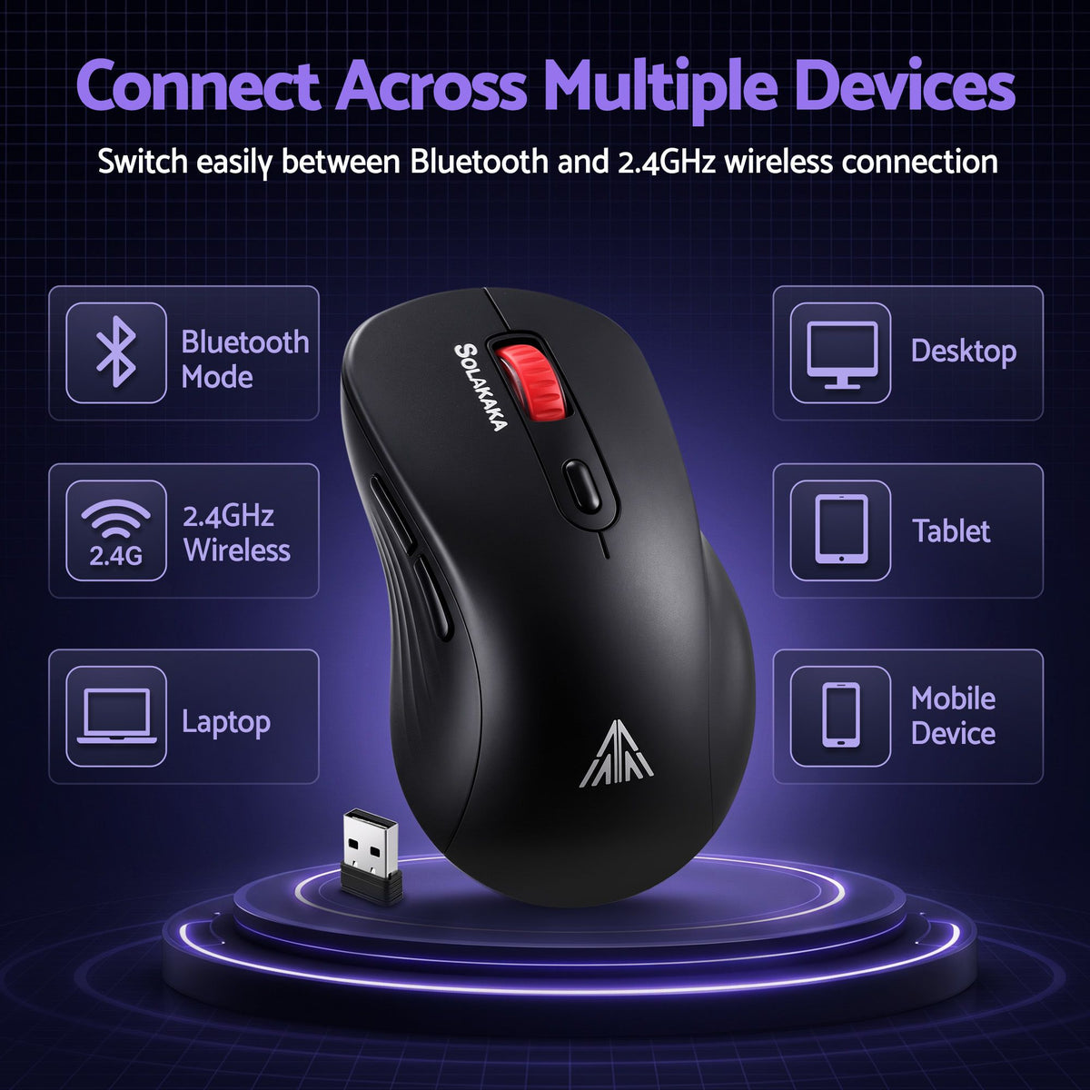 SOLAKAKA Silent Wireless Mouse Bluetooth 2.4GHz 4200 DPI 7 Buttons – Black
