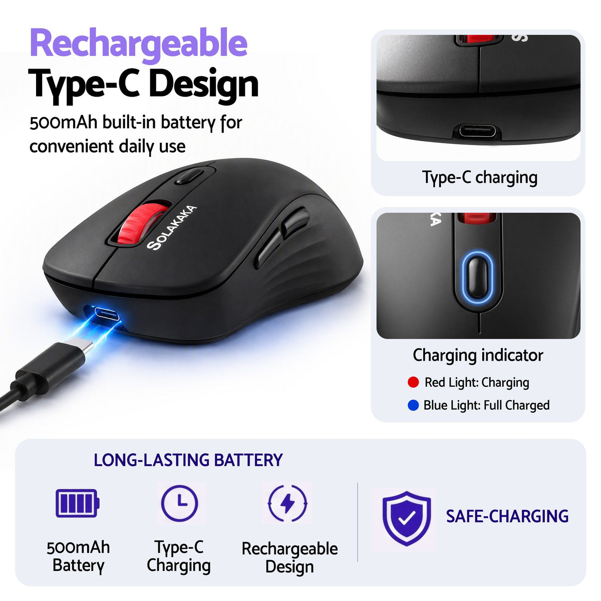 SOLAKAKA Silent Wireless Mouse Bluetooth 2.4GHz 4200 DPI 7 Buttons – Black
